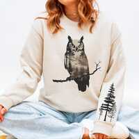 Owl Forest Sweatshirt | Woodland Owl Crewneck with Tree Sleeve Print, Moody Nature Wildlife Art Pull