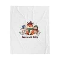 Warm and Cozy Cute Winter Animal Velveteen Blanket | woodland fox rabbit owl, pine green burgundy pa