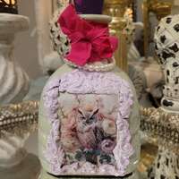 Vintage Shabby Chic Owl bottle art in soft pastels