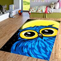Blue Owl Kids Rug: Big Eye Cartoon Owl Nursery Carpet, Non Slip Washable