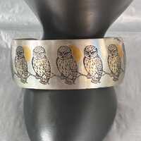 1960s Reed and Barton &ldquo;Damascene&rdquo; Owl and Moon Silver Tone Chunky Cuff Bracelet 7.5&rdqu
