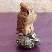 Hand Carved Stone Owl on Pyrite Stand, Carving Figure Owl, Handmade Owl Statuette