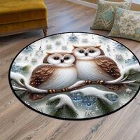 Round Owl Pattern Rug,Whimsical Cottagecore Animal Decor,Nursery Decor
