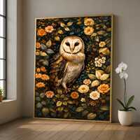 William Morris Owl Canvas Wall Art, Detailed Barn Owl and Floral Botanical Canvas, Elegant Nature Wi