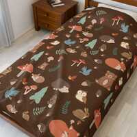 Woodland Animals Pattern Velveteen Blanket | Fox Owl Bear Mushroom Trees