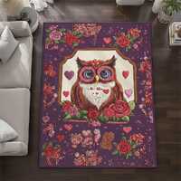 Whimsical Owl Area Rug with Red Roses, Purple Floral Heart Rug, Romantic Bird Home Decor, Forest Ani