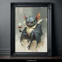 Bat Owl Hybrid Print, Gothic Art, Dark Humor Poster, Grumpy Creature with Wine Glass, Whimsigoth Moo