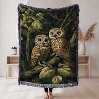 Rustic Owls Woven Blanket Farmhouse Cottagecore Cozy Cabin Cotton Blanket Wildlife Gift for Owl Love