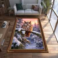 Owl Winter Forest Rug, Snowy Owl Art Area Rug, Wildlife Nature Carpet, Rustic Lodge Home Decor