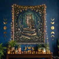 Dark Academia Woven Blanket Owl on Books Throw, Mystical Library Decor, Cottagecore Tapestry, Book L