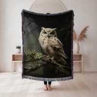 Owl Woven Blanket, Realistic Wildlife Illustration Tapestry Throw, Nature Lovers Decor, Animal Lover