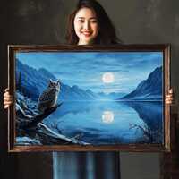 Great Horned Owl Oil Painting, Mountain Lake Full Moon Night Scene Artwork, Nocturnal Wildlife Lands