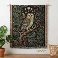 Mystical Barn Owl Woven Blanket, Celestial Moon Phases Tapestry, Witchy Forest Decor, Dark Cottageco