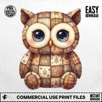 Quilted Owl PNG, Patchwork Clipart for Sublimation, Nursery Decor (Digital Download T-Shirt, Digital