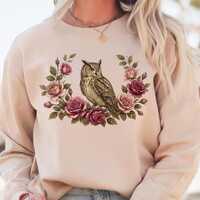 Vintage Owl with Roses Sweatshirt | Botanical Night Bird. Dark Academia Gothic Magical Attire