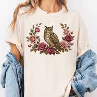 Vintage Owl with Roses T-shirt | Floral Owl Tee, Cottage Core Design