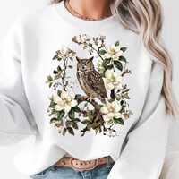 Vintage Owl with Magnolia Floral Crewneck Sweatshirt | Nature Botanical Cottage Core Atttire