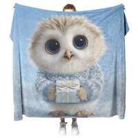Chubby Blue Eyed Owl In Christmas Sweater Holding Gift Box Fleece Sherpa Blanket