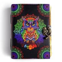 Al-Amir Handmade Owl Mandala Printed Leather Journal with Vintage Lock and Deckle Edge Paper