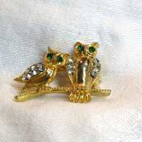 Vintage Small Duo of Gold Finish Owls on Branch with Clear Rhinestones Brooch