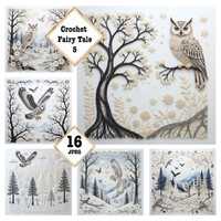 JPEG Crochet Fairy Tale Clipart Owl Forest Pastel Yarn Owls Trees Whimsical Woodland Fantasy Digital