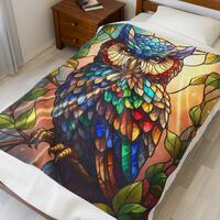 Colorful Stained Glass Owl Velveteen Plush Blanket | Boho Nature Throw