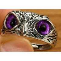 Silver Stainless Steel Purple Eye Owl Statement Ring Nickel Free Halo Vintage Y2K