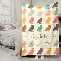 Custom Owl Lover Blanket, Personalized Name Retro Bird Throw, Retro Forest Animal Blanket, Unique Ni