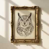 Owl Head Etching Printable, Vintage Gothic Bird Wall Art, Dark Academia Decor