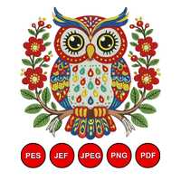 Colorful Owl Embroidery Design | Folk Art Owl Machine Embroidery Pattern | Floral Owl Embroidery Art