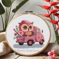 Baby Owl Cross Stitch Pattern: Whimsical bird on pink truck colorful nursery emboidery (PDF)