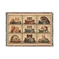 Reading Cats Dogs Horse Bear Rabbit Fox Owl Woven Blanket | Cat Library Tapestry Throw