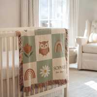 Personalized Baby Blanket, Woodland Owl Boho Nursery Throw, Custom Name Baby Decor, Newborn Gift, Ba