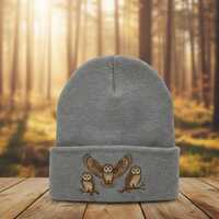 Embroidered Burrowing Owl Beanie, Recycled Knit Cuffed Hat, Cute Owl Winter Beanie, Nature Lover Gif