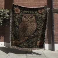 Woodland Owl Woven Blanket; Majestic Bird Tapestry with Botanical Flowers
