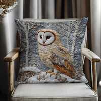 Winter Woodland Barn Owl Throw Pillow, Folk Art Cushion, Neutral Forest Wildlife Decor, Cozy Cottage