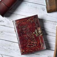 Handmade Paper Travel Diary, Owl Embossed Leather Journal, Sketchbook