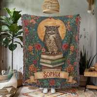 Personalized Owl Tapestry Blanket for  Book Lover, Wisdom Owl Throw, Vintage Floral Dark Academia Wo