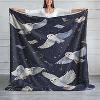 Magical Snowy Owl Sherpa Fleece Blanket, Fantasy Book Lover Minky Throw, Wizarding School Cozy Plush