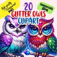 Glitter Owls Clipart Bundle | 20 Sparkling Owl Illustrations | Transparent PNG for Crafting, Sublima