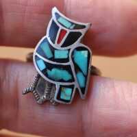 Owl Ring , Southwest Bird Jewelry, Sterling Silver Turquoise Inlay Size 7 1/2