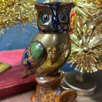 Beautiful Tonala Pottery Owl With Brass Vintage Mexican Ceramic Brass Owl Figurine Hand-Painted Folk
