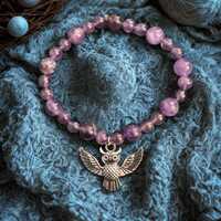 Amethyst Owl Charm Bracelet | Purple Crystal Stretch Bracelet | Two Size Beads | Spiritual Protectio