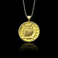 Yellow Gold Plated Ancient Greek Owl Coin Necklace, Mythology Jewelry, Historical Ancient Greek Coin