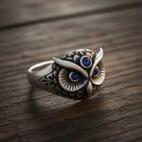 Gothic Owl Ring in Oxidized Sterling Silver with Blue Crystal Eyes | Owl Mask Statement Ring | Witch