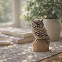 Wooden Owl Figurine Decor, Small Hand-Painted Look Owl Statue, Rustic Woodland Animal Ornament