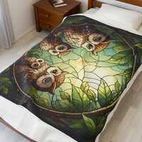 Owls in Stained Glass Velveteen Plush Blanket | Woodland Birds, Moonlit Branches