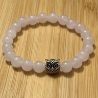 Rose Quartz Owl bracelet, 8mm beaded gemstone elastic bracelet, approx. 7 inches.