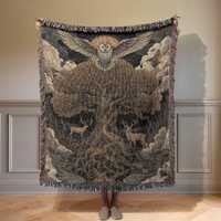 Mystical Forest Owl 100% Cotton Woven Blanket, Tree Of Life Deer, Woodland Nature Tapestry, Cottagec