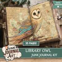 Library Owl Junk Journal Pages, Vintage Book Lover Ephemera, Steampunk Bird Kit, Dark Academia print